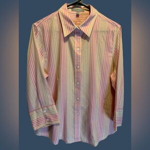 Foxcroft NYC Heritage Non Iron  Stripe Fitted Button Front Shirt 12 Pink/Green